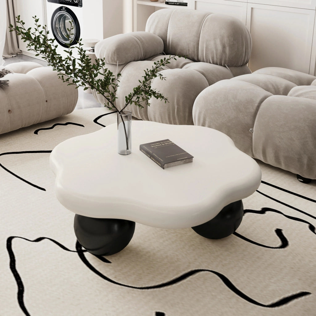 Tavolino basso a nuvola bicolore con gambe sferiche, MDF, per soggiorno e piccoli spazi, bianco nero, Ø 80 × 35 cm