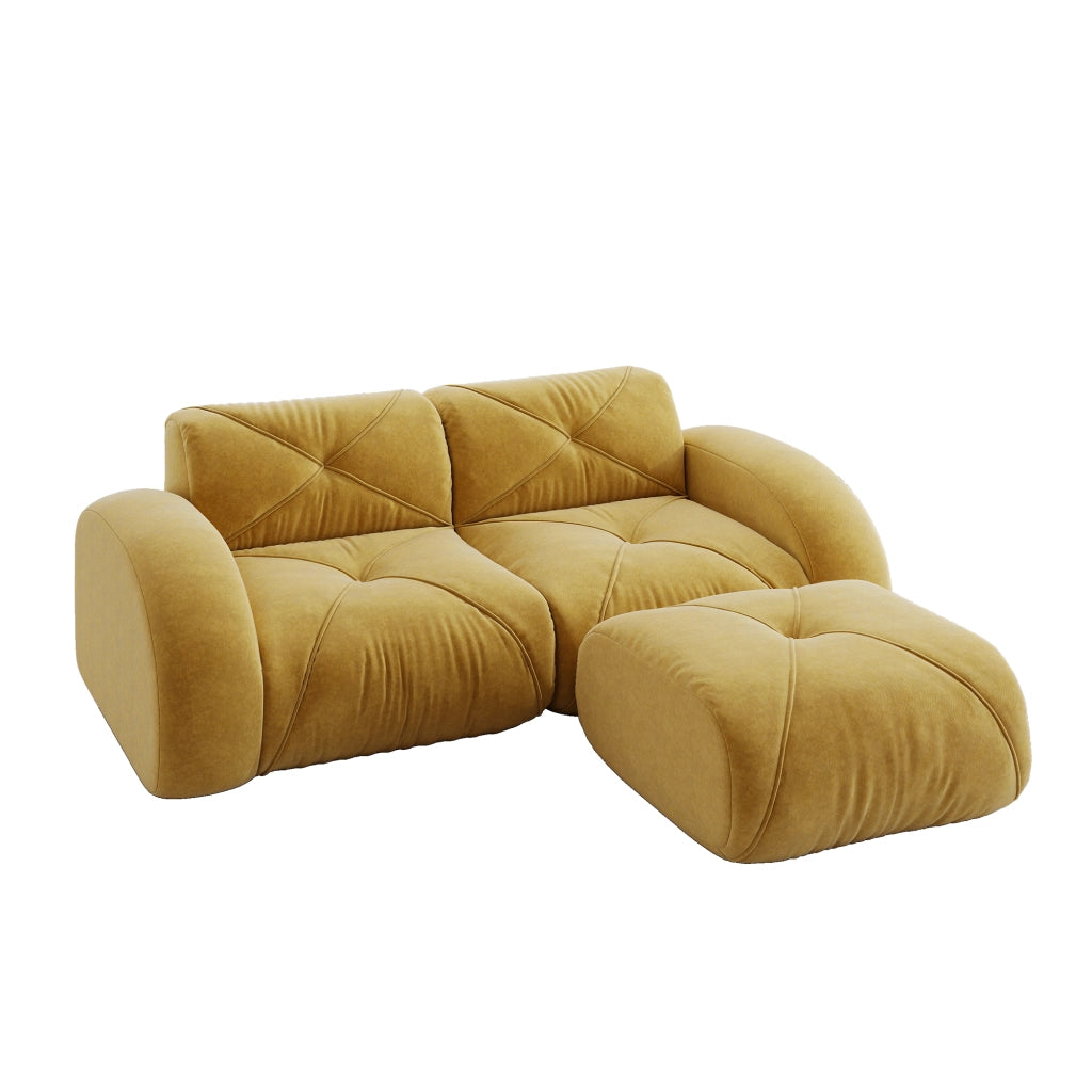 Divano modulare 2 posti con pouf in chenille e struttura in schiuma 32D senza telaio giallo