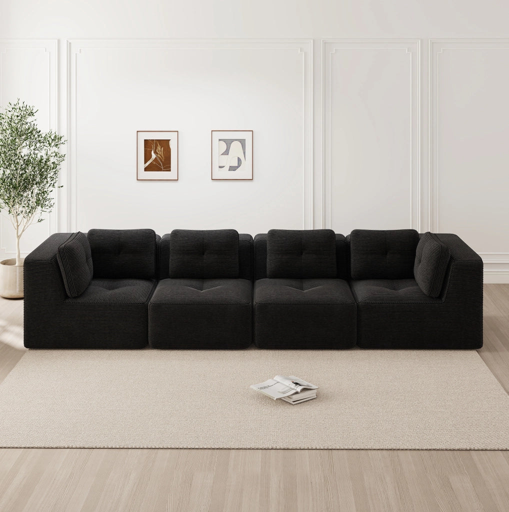 Divano angolare modulare in velluto a coste 386x104x69 cm; nero; senza montaggio