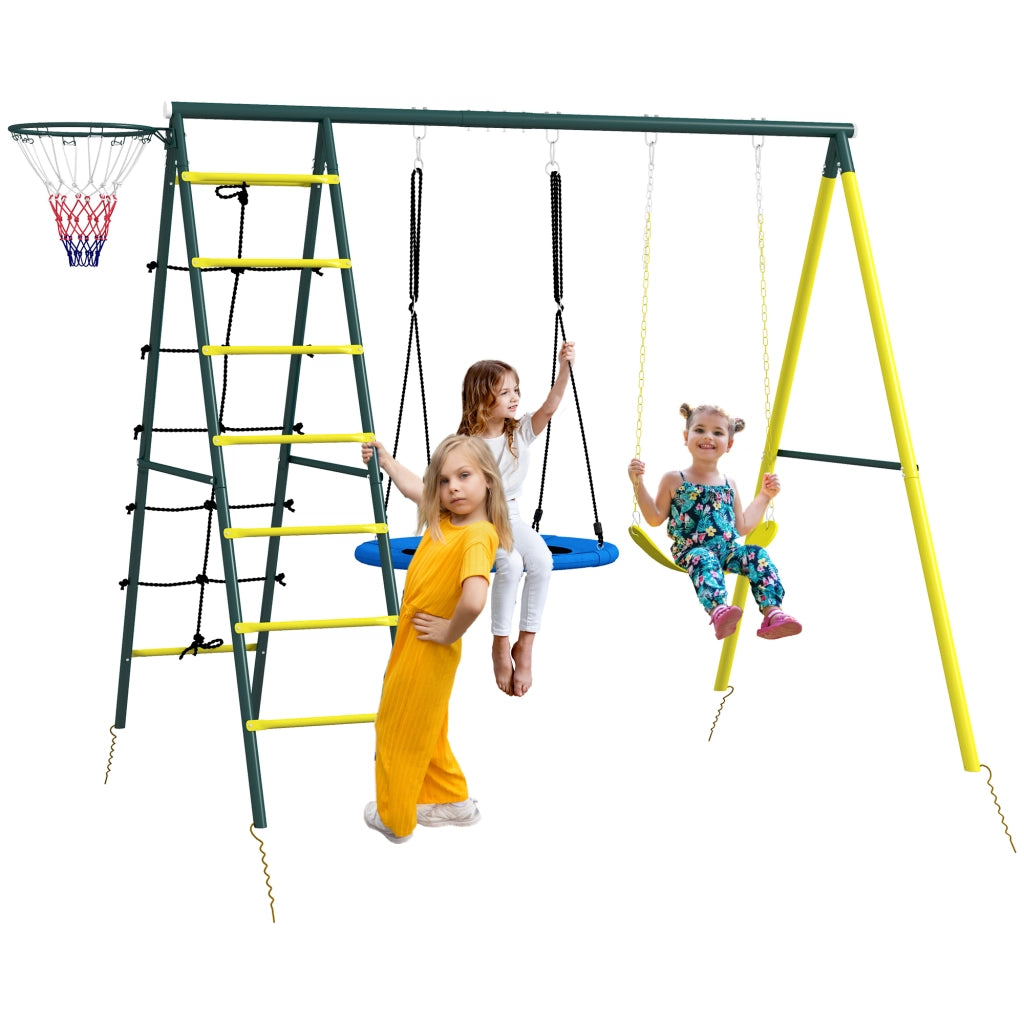 Set Altalene da Giardino Rotonda e Classica, Scalette in Acciaio e Corda e Canestro per Bambini 3-8 Anni