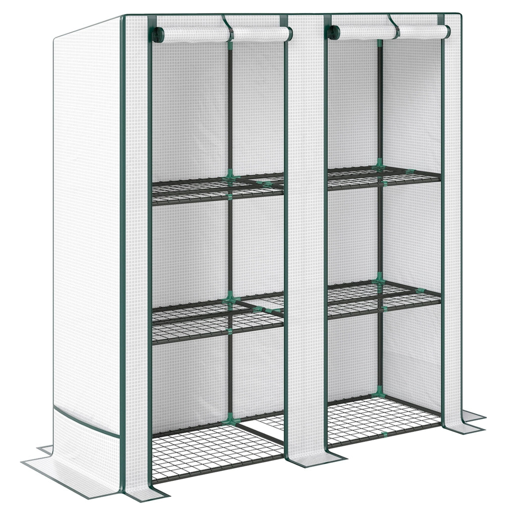 Serra da Giardino  144x48x142-152 cm con 2 Porte Avvolgibili 3 Ripiani e Tasche Laterali in PE Bianco e Verde