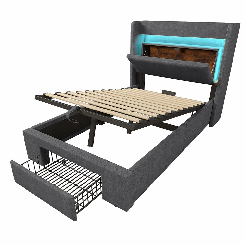 Letto imbottito 90x200 cm con testiera con illuminazione LED e USB - Xylo - Grigio lino con spazio idraulico