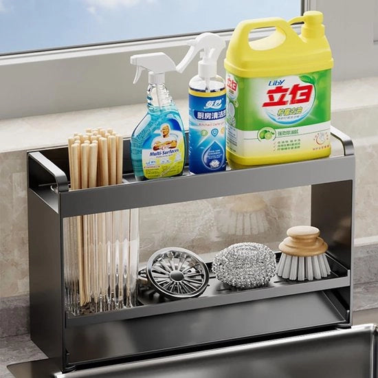 Organizzatore per la vasca da bagno, spalla bassa per spugna, cucina, acciaio inossidabile, organizzatore per la doccia, caddy con contenitore per spugna con scarico automatico dell'acqua