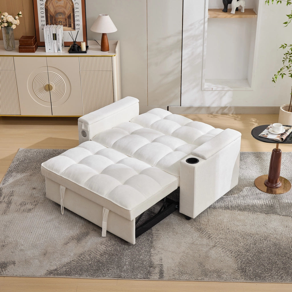 Divano letto 2 posti - con schienale regolabile; USB e contenitore - in tessuto beige