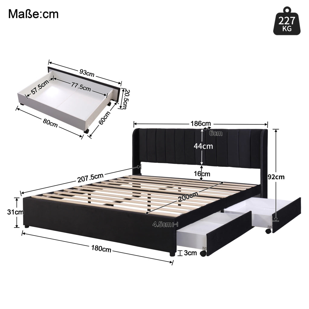 Letto imbottito in velluto nero 180x200 cm con rete a doghe, testiera alta e 2 cassetti