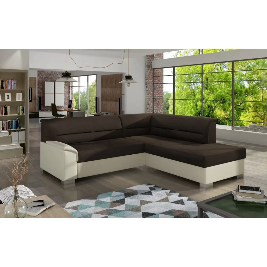 Divano angolare convertibile TROMSO marrone e beige – Angolo destro con contenitore