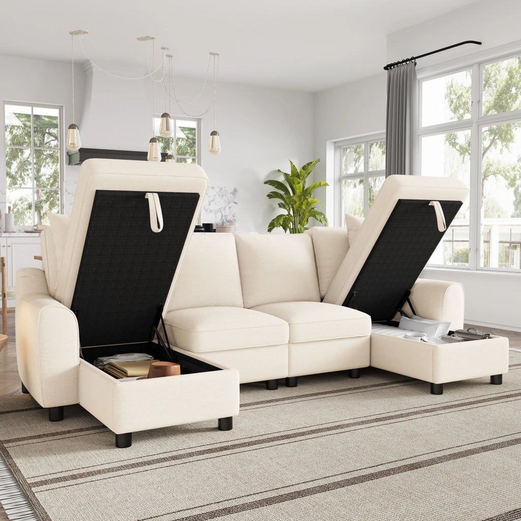 Divano modulare U a 2 posti con chaise longue, rivestimento in chenille, beige, 280 ¡Á 137 ¡Á 84 cm