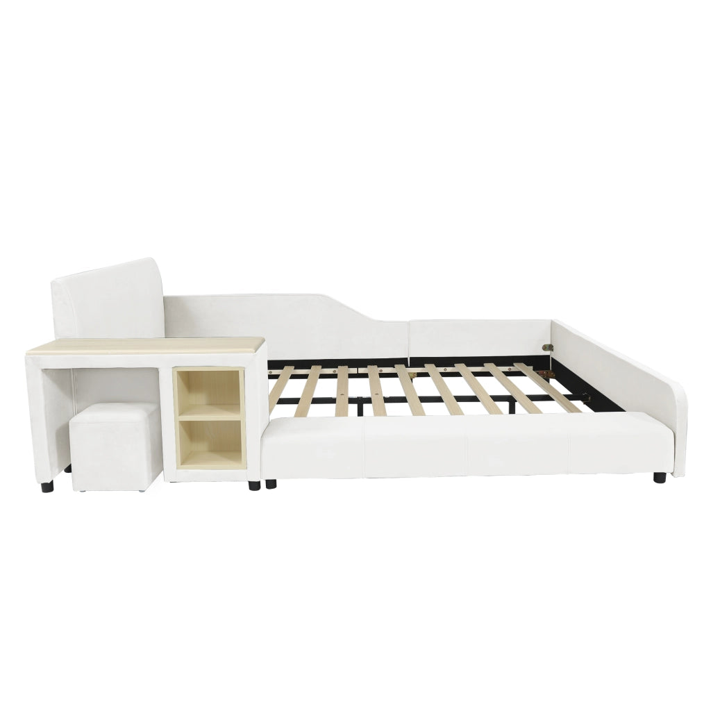Letto Combinato 140 x 200 cm - Scrivania; Sgabello e Mensola - in Velluto - Bianco