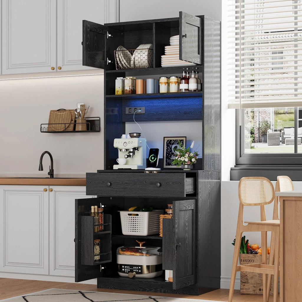 Credenza alta con cassetto; ripiani; LED RGB e prese USB - per cucina - MDF - 72×40×180 cm - nero