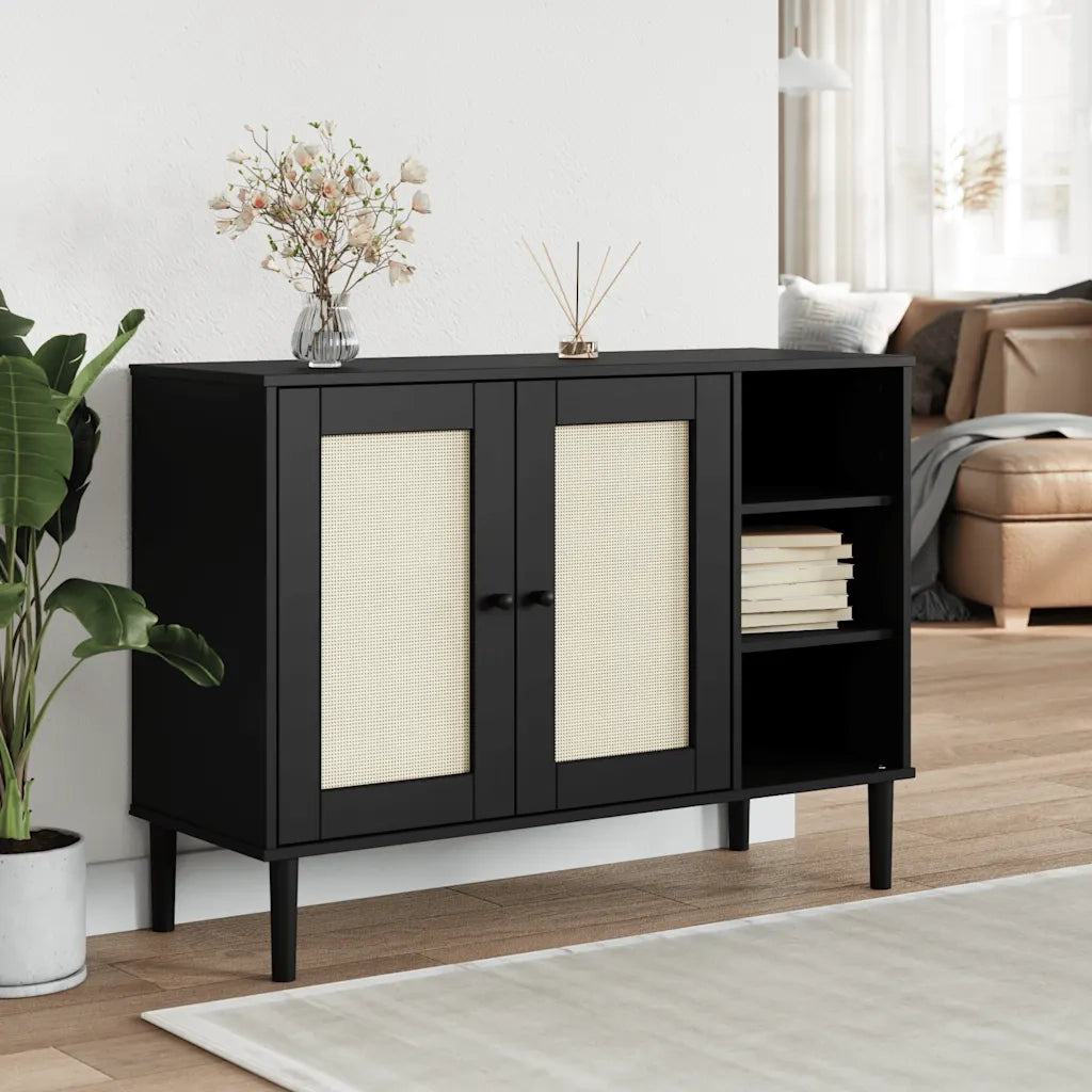 Credenza | Madia | Buffet da pranzo | Armadio da pranzo SENJA Aspetto Rattan Nero 112x40x80 cm Massello Pino