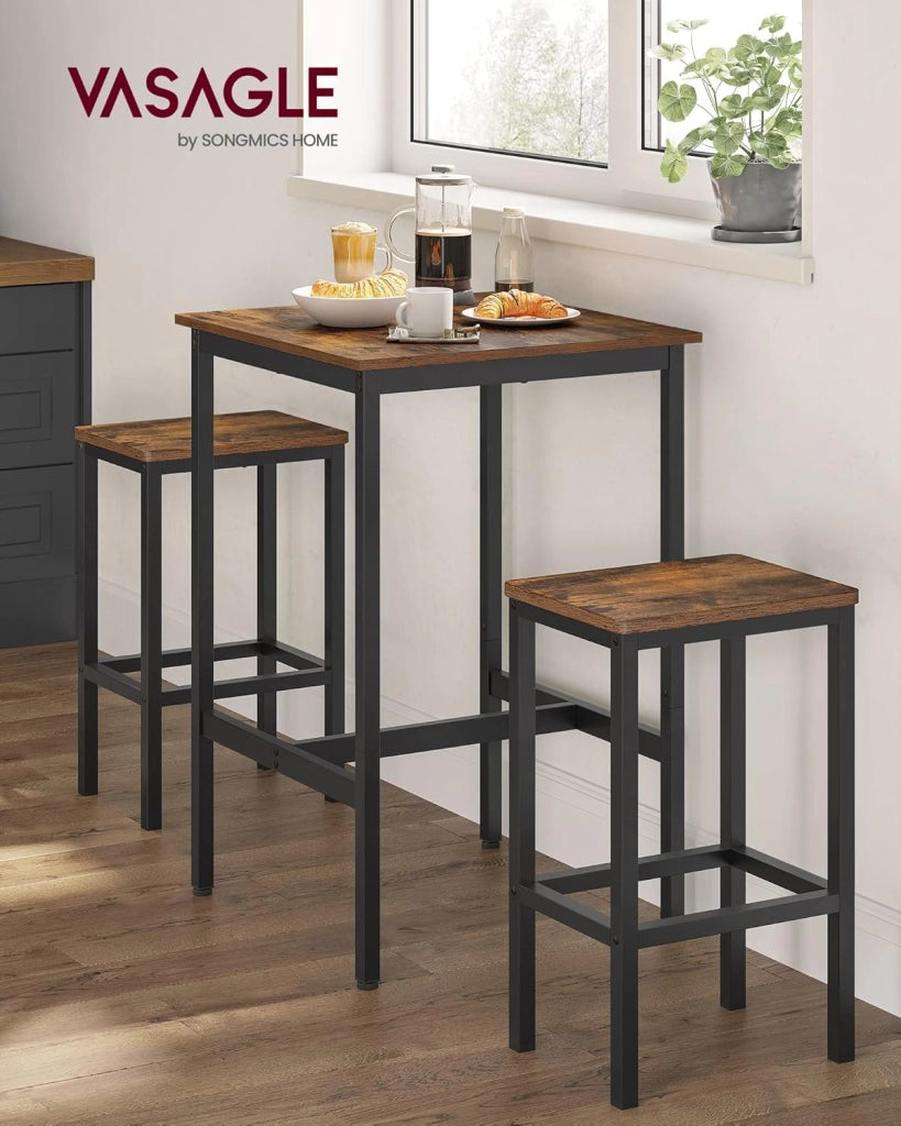 VASAGLE Tavolo Bar con 2 Sgabelli, Cucina Piccolo 60 x 60 x 90 cm, Ogni Sedia di 30 x 40 x 65 cm, Sala da Pranzo, Industriale, Marrone Vintage e Nero LBT017B01