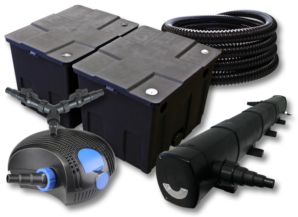 Set filtro per laghetto da 60.000 l Chiarificatore 72W Pompa ECO 100W Tubo 25m