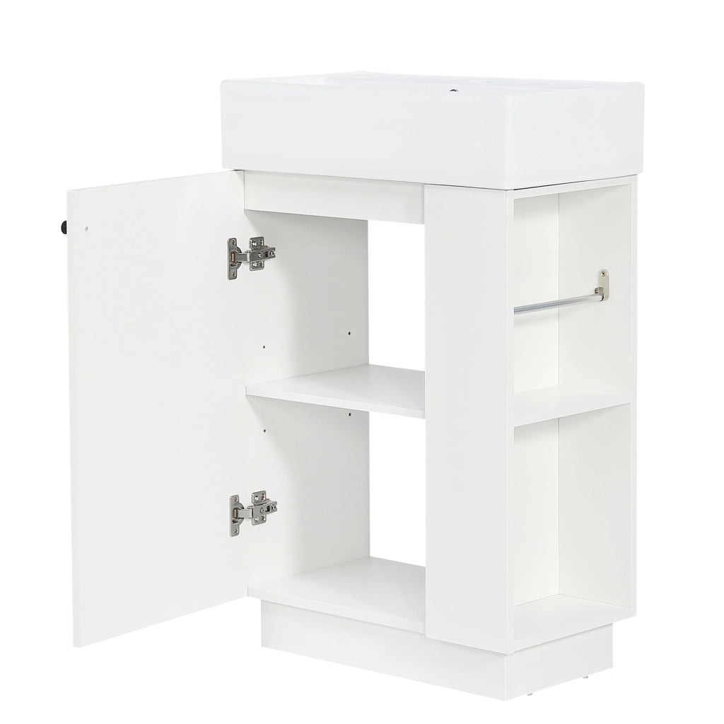 Mobile lavabo da bagno 55 cm freestanding con lavandino in ceramica, porta soft-close e porta carta igienica rimovibile, bianco