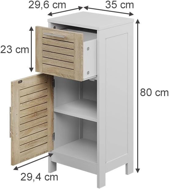 mobiletto bagno Looma, Bianco/quercia, 35 x 80 cm con 1 cassetto, utilizzabile come armadio sovrapponibile per lavatrice o WC