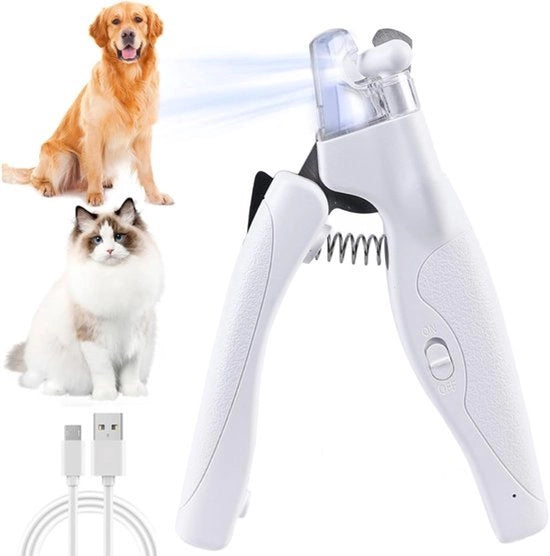Tagliente per cani e gatti - Paletto per cani - tagliente per animali domestici - con limatore unghie - con illuminazione LED per cani e gatti - Trasformatore per cani - Trasformatore elettrico per limatore e tagliente unghie - Tagliente unghie - bianco