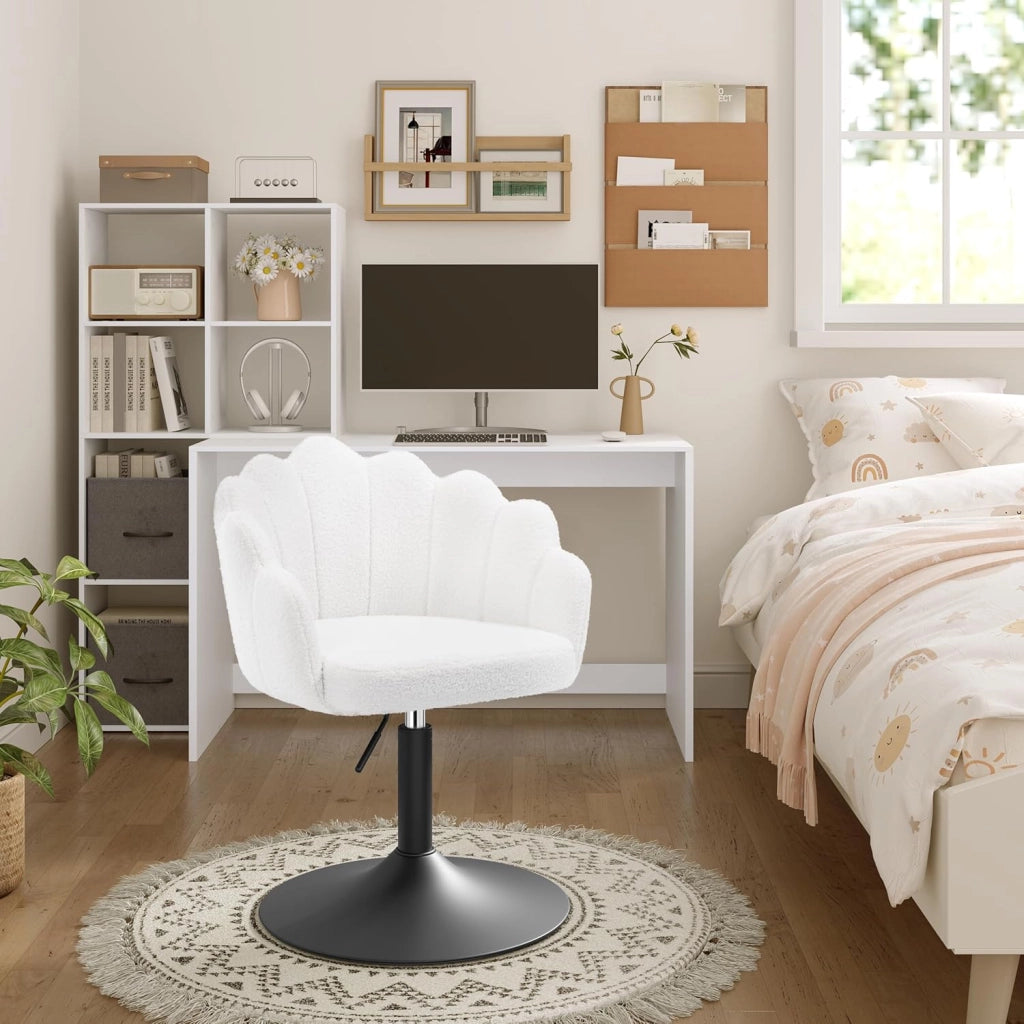 Sedia da Trucco, Poltrona Girevole in Tessuto Bouclé, Sgabello da Trucco Regolabile in Altezza per Camera da Letto, Soggiorno, Bianco