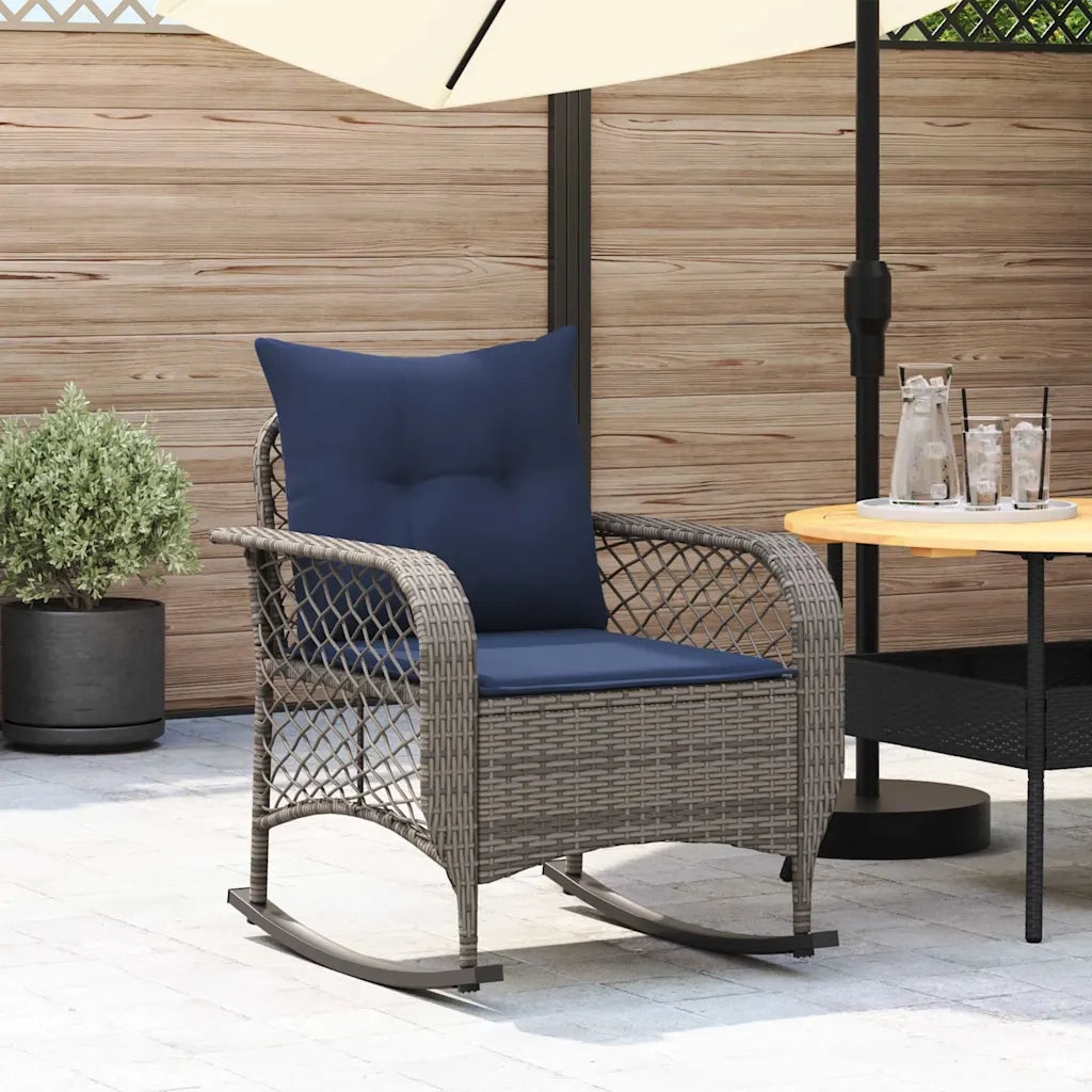 Sedia a Dondolo da Giardino | Sedie da Esterno con Cuscini in Polyrattan Grigio