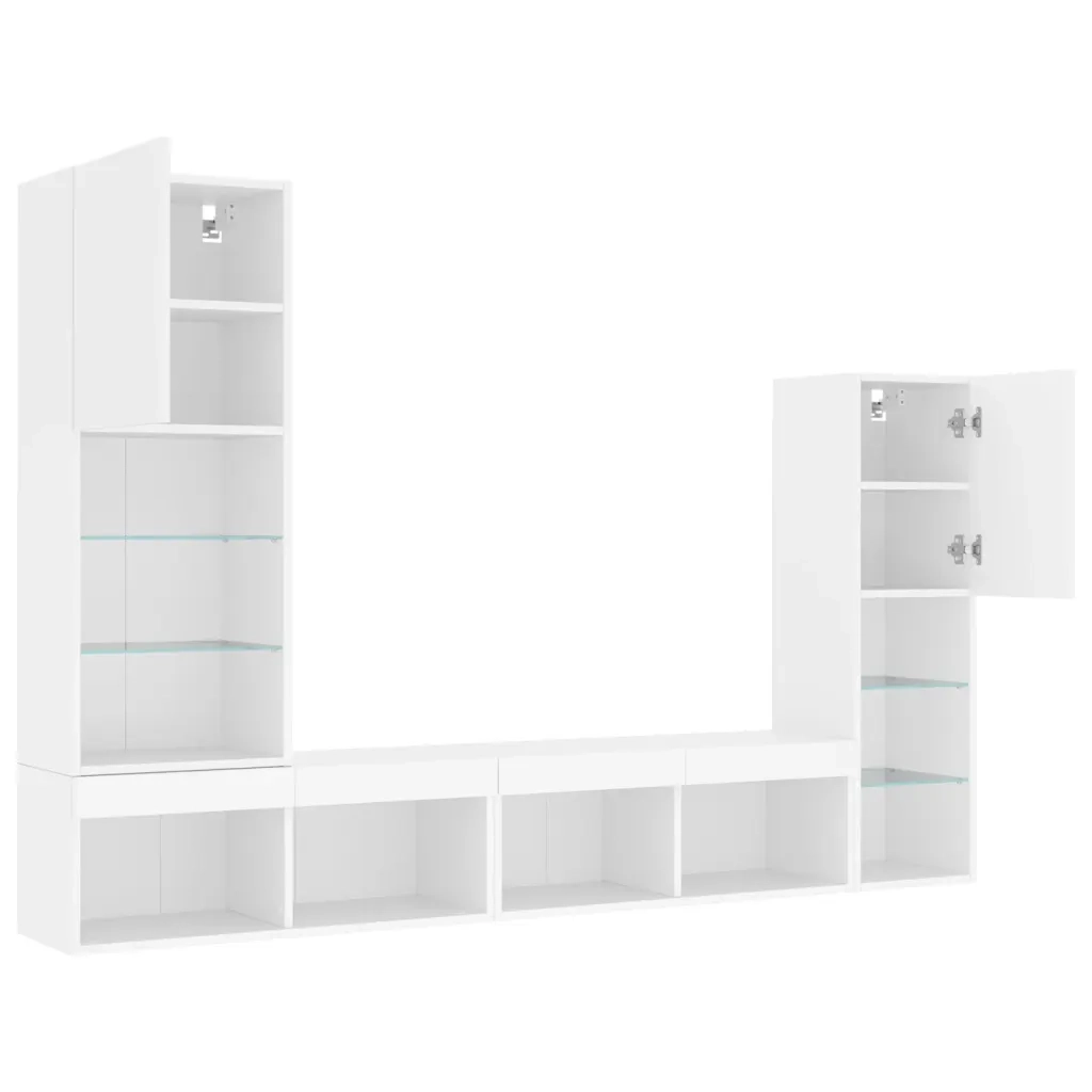 Mobili TV a Muro con LED 4pz Bianchi in Legno Multistrato