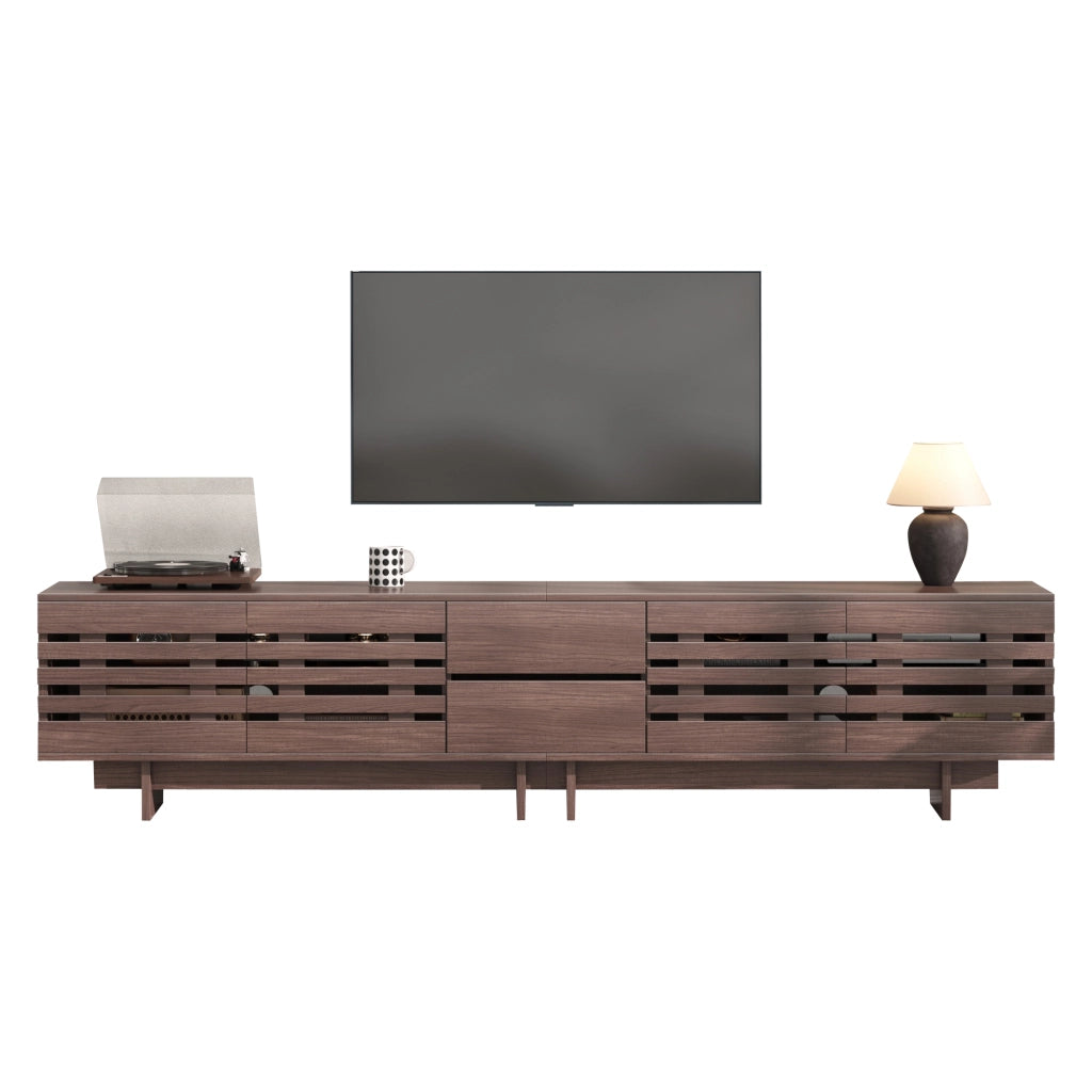 Mobile TV moderno in effetto noce, 200 x 39,5 x 55 cm, con 2 cassetti, 4 ante e 6 vani contenitori