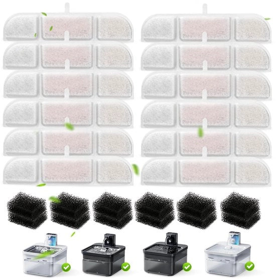 Filtro per fonte per gatti, confezione da 24 filtri per fonti per gatti, confezione da 12 filtri di ricambio, carbone attivo, pietra medica, resina di scambio ionico e 12 filtri schiuma per fonte per gatti wireless da 2,5 litri (DPWFP6)