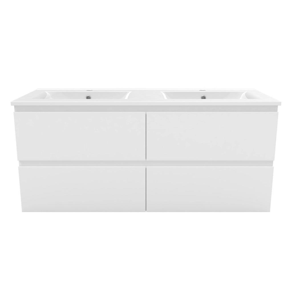 Mobile bagno 120cm con quattro cassetti e doppio lavabo incassato, sospeso, bianco
