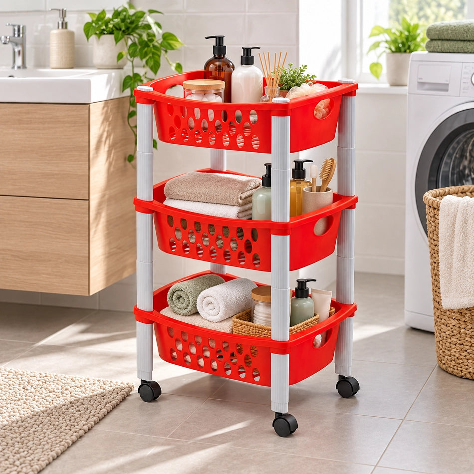 Carrello da Cucina in Plastica Otello 3 Cassetti Rosso 40 x 30 x 70 cm