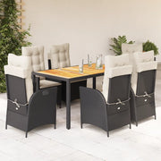 Set da Pranzo da Giardino 7 pz Nero con Cuscini in Polyrattan