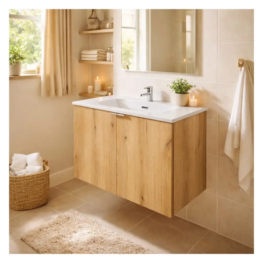 Set da bagno sospeso VANO effetto rovere e bianco 80cm: mobile sotto lavabo con armadietti + lavabo incassato