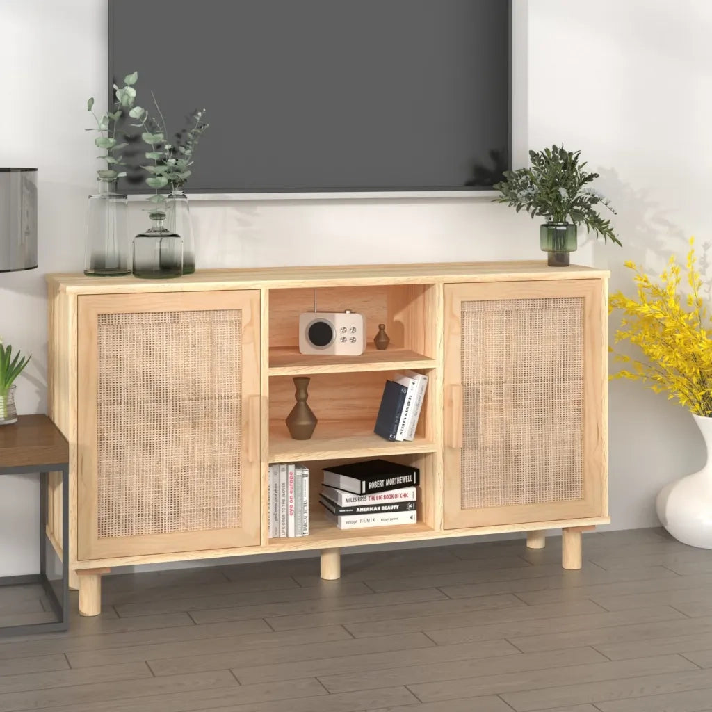 Credenza Marrone 105x30x60cm Massello di Pino e Rattan Naturale 345641