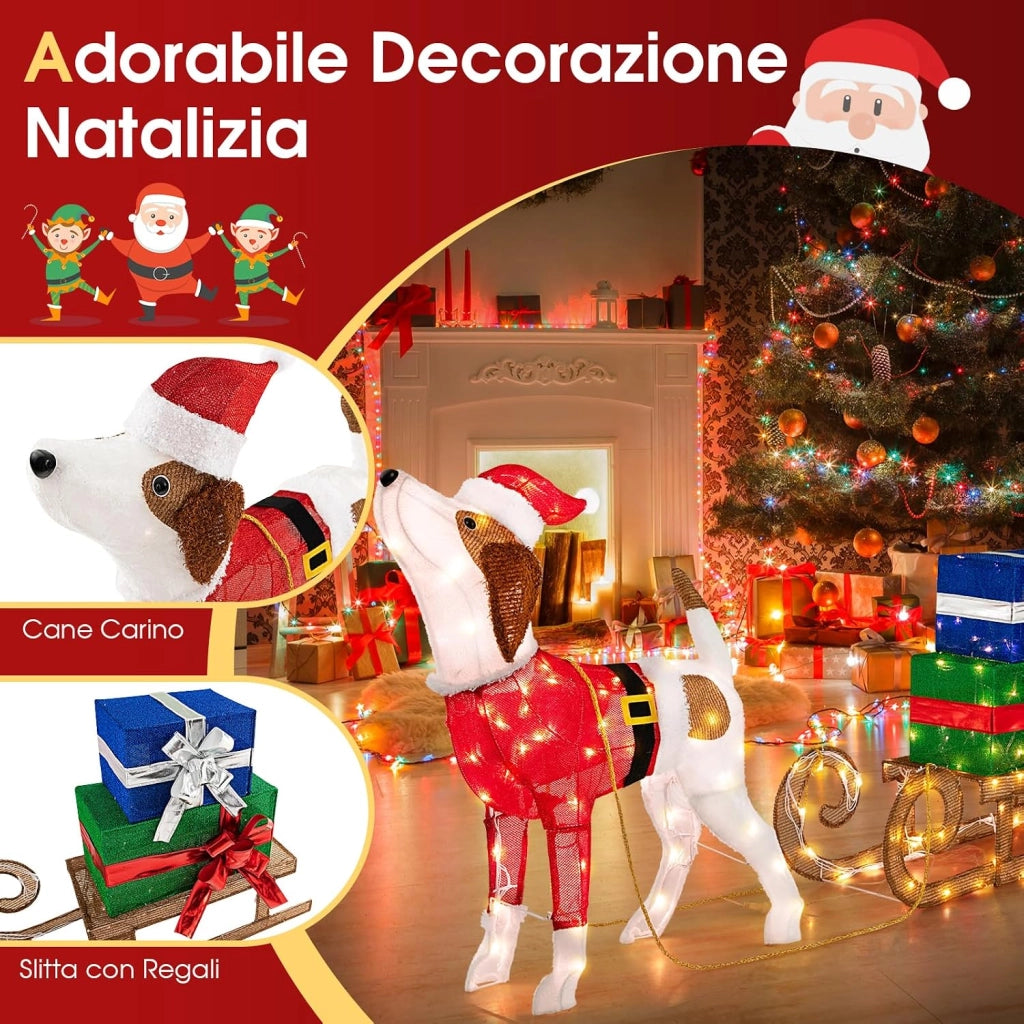 Decorazioni Natalizie Illuminate di Cane e Slitta, Luci Natalizie a Forma di Cane da Esterno Interno, Decorazione Natalizia Festosa con 170 Luci LED per Giardino e il Cortile