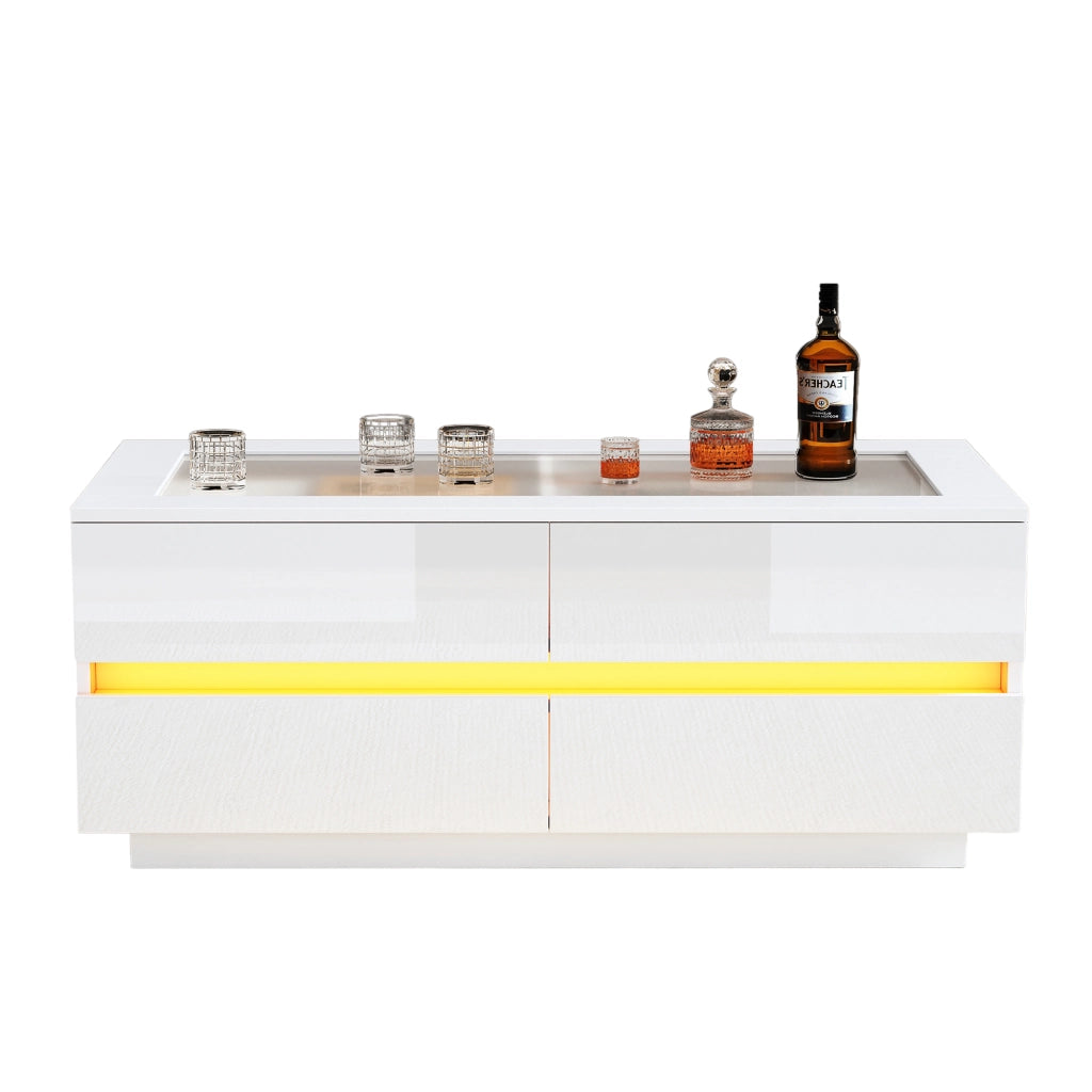 Tavolino da caffè con 4 cassetti e LED per soggiorno in truciolare e vetro 100×50×40 cm bianco