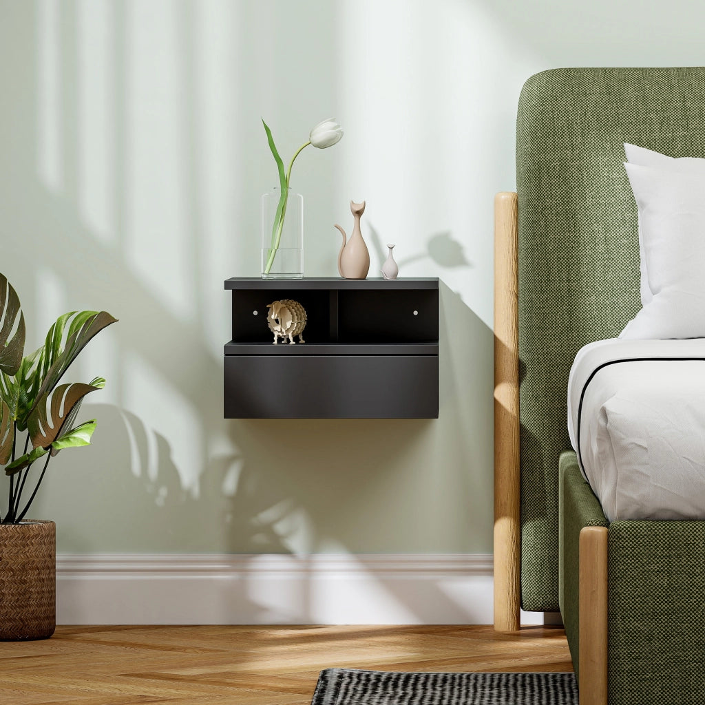 Comodino Sospeso per Camera da Letto 35x32x22,5 cm con Cassetto in Legno Nero