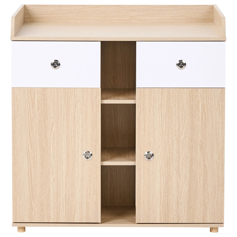 Fasciatoio con ripiani e cassetti in truciolato gambe in legno di pino contenitore per cameretta, marrone chiaro stile moderno