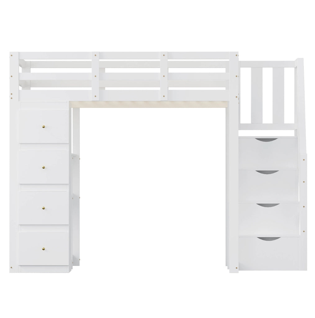 Letto a soppalco 140x200 cm con 4 cassetti; ripiani e scala laterale; bianco