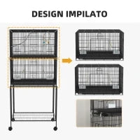 Gabbia per Uccelli in Acciaio e PP, Design Impilato con Posatoi, Altalene e Scalette, 77x46x164 cm, Nero