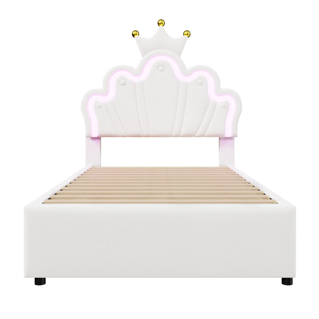 Letto singolo Princess imbottito 90x200cm con 2 cassetti e forma a corona in PU bianco