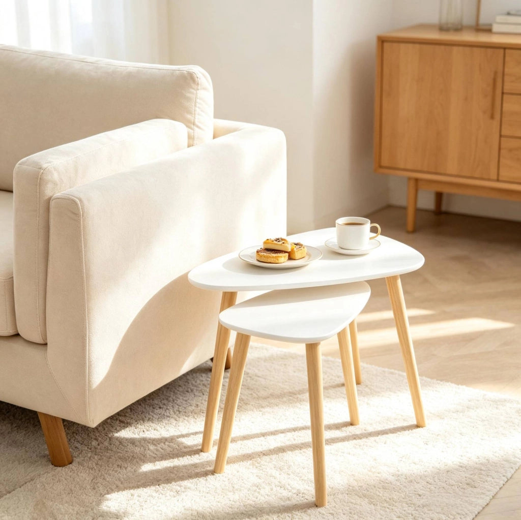 Set di 2 tavolini da caffè impilabili in MDF e legno di pino bianco e naturale