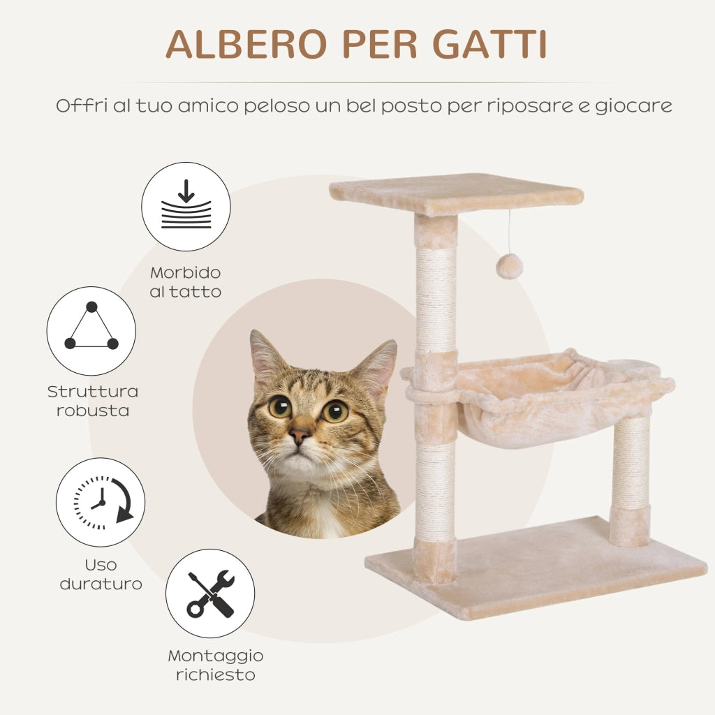 Torre per Gatti con Amaca e Pallina ¨C zephmum ¨C Legno e Peluche Beige 50x36x70