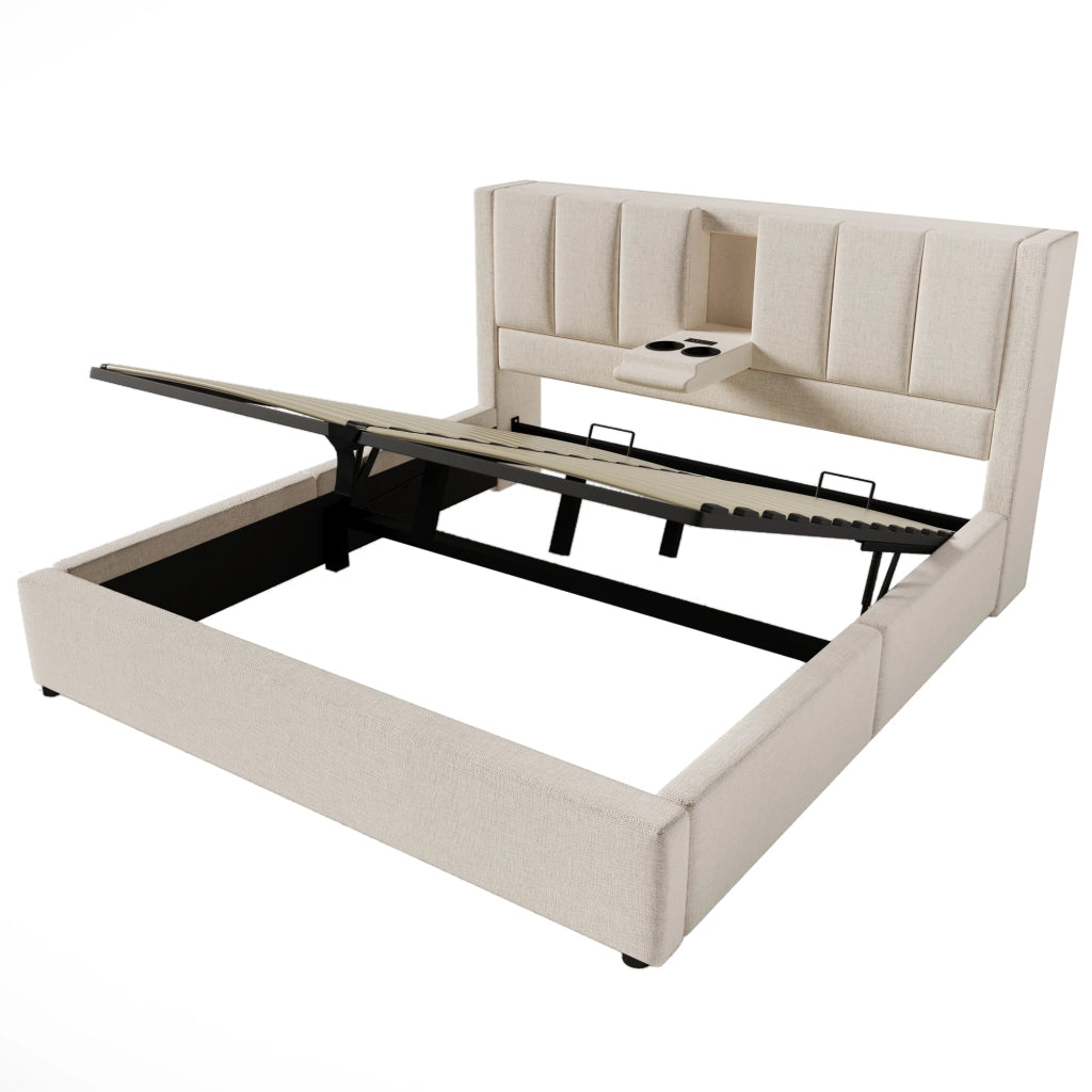 Letti contenitori 180x200 cm; con porta USB e portabicchieri; lino beige (Senza materasso)
