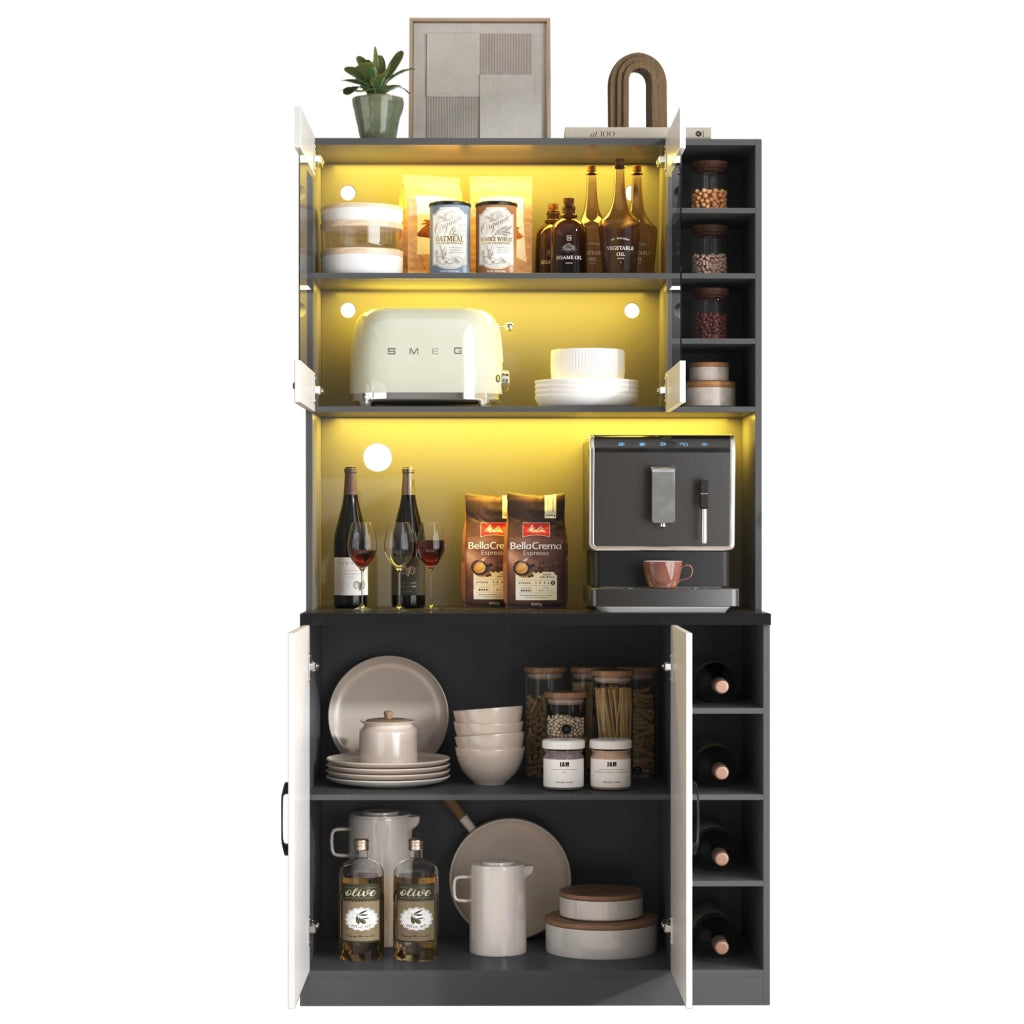 Credenza da Cucina Alta con 4 Vani Regolabili; 2 Ante; LED e Fori Passacavo; in MDF; Grigio Naturale; 100 x 47 x 187 cm