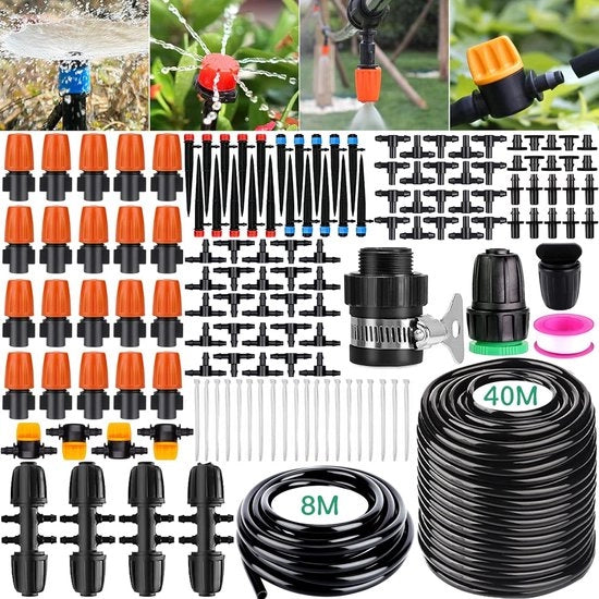 149 Pezzi di Sistema di Irrigazione per Giardino - 40m + 8m Kit di Irrigazione a Gocce per l'Efficiente Rifornimento Idrico del Giardino