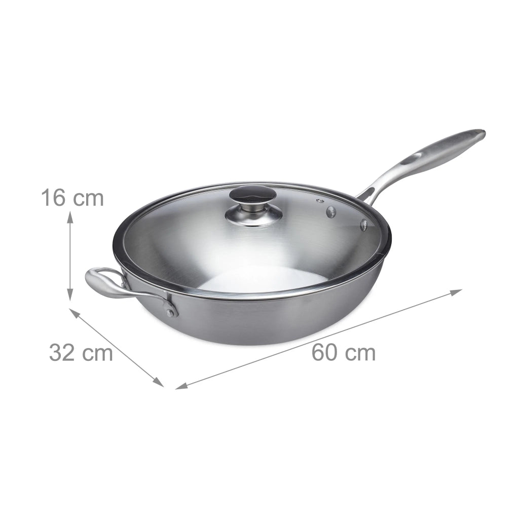 Wok con coperchio in vetro 30 x 30 x 10 cm ideale cottura rapida ricette asiatica stile moderno in acciaio inossidabile nero 13_0011069