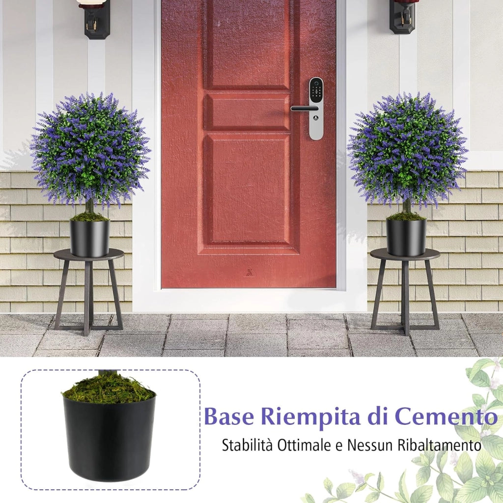 Set di 2 Alberi di Topiario Artificiale con Lavanda, Albero di Bosso Finto da 58 cm con Vaso Riempito di Cemento, Pianta Finta Resistente al Sole per Interni ed Esterni