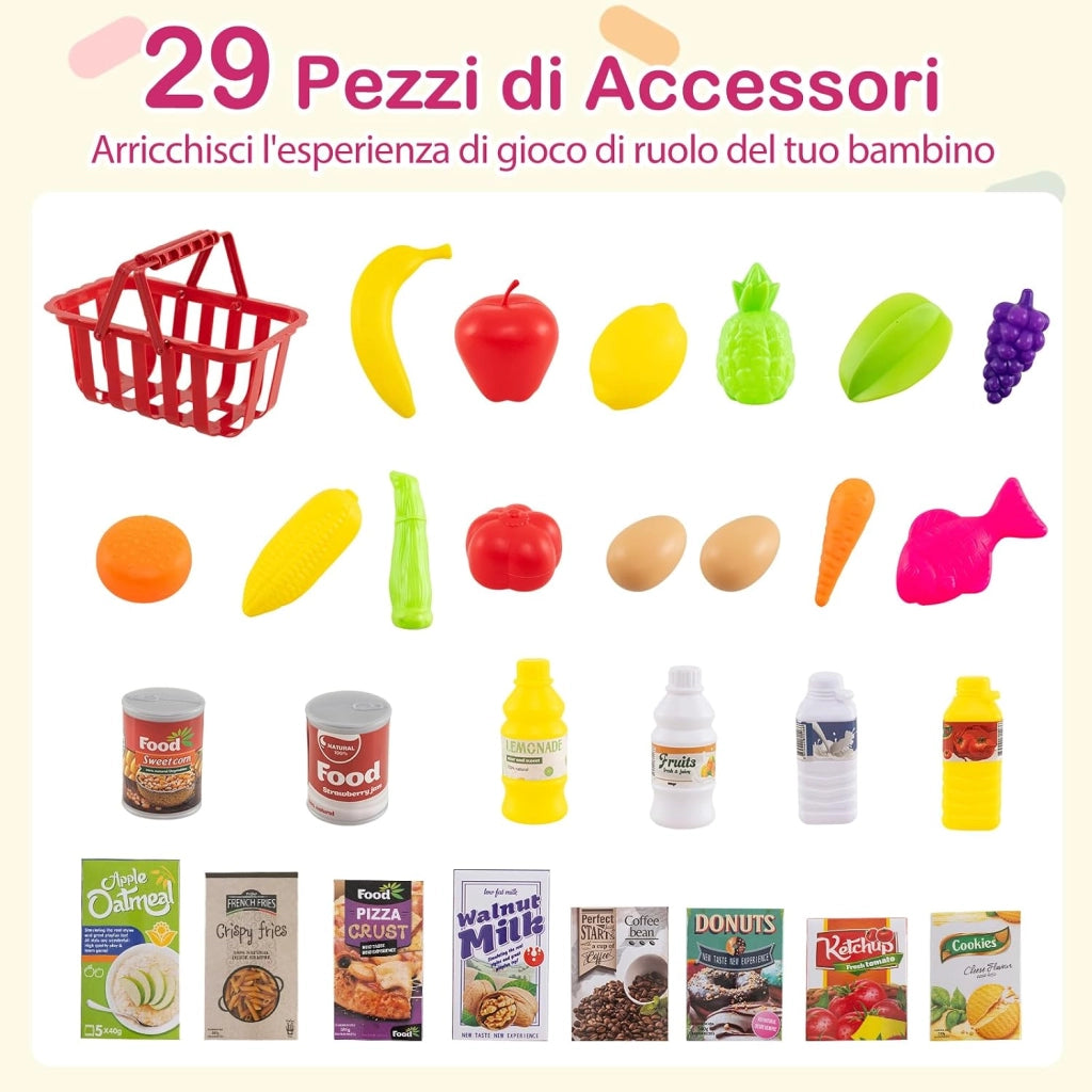 Cassa Gioco Supermercato per Bambini, Supermercato Giocattolo con Carrello della Spesa, Registratore di Cassa, Scanner, Luci e Suoni, Gioco di Ruolo con 29 Accessori (Rosa)