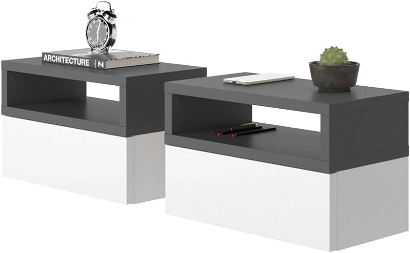 Comodino camera da letto Urbano, Antracite, Set di 2, montabile a parete per un utilizzo salvaspazio in camera da letto
