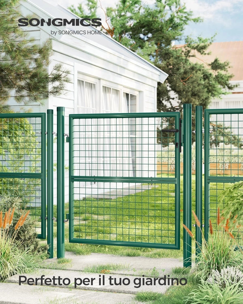 SONGMICS Cancello da Giardino, Cancelletto da Giardino, Acciaio Zincato con Serratura, Porta di 106 x 100 cm (L x H), Tubo Tondo, Cancello per Recinzione, Verde GGD150G01