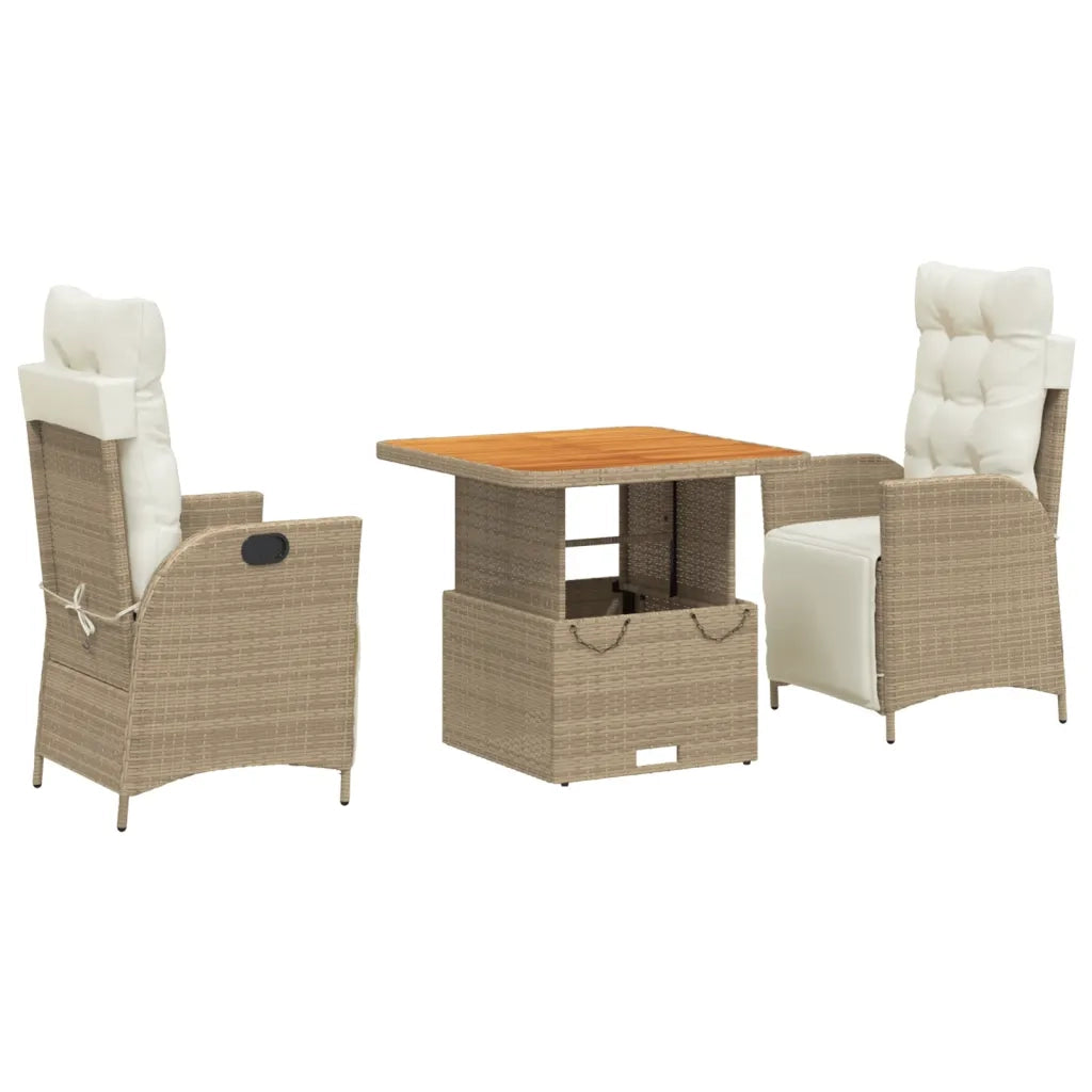 Set da Pranzo da Giardino 3 pz con Cuscini Beige in Polyrattan