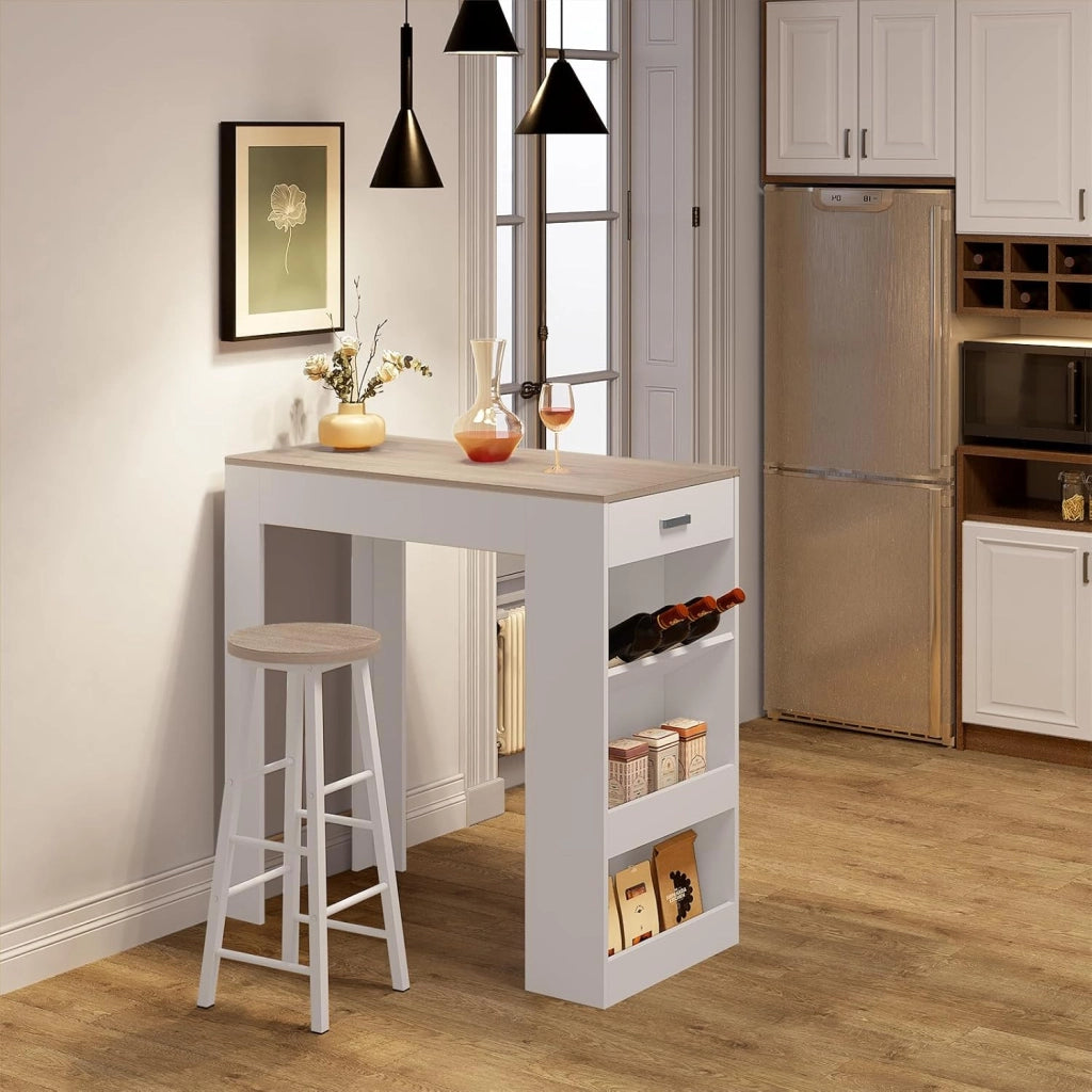 Set di Tavolo da Bar con 2 Sgabelli da Bar, Set Mobili da Bar Set di Sedie da Pranzo con Tavolino & Set di 2 Sgabelli da Bar, Bianco+Rovere Chiaro