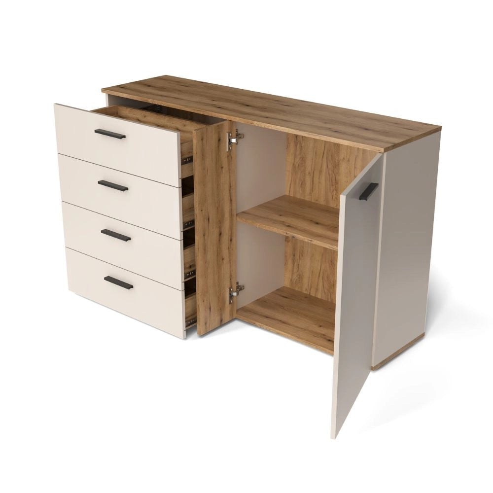 Credenza 4 cassetti e 2 ante Frezo02 cashmere e rovere con listelli verticali 139x38x86H