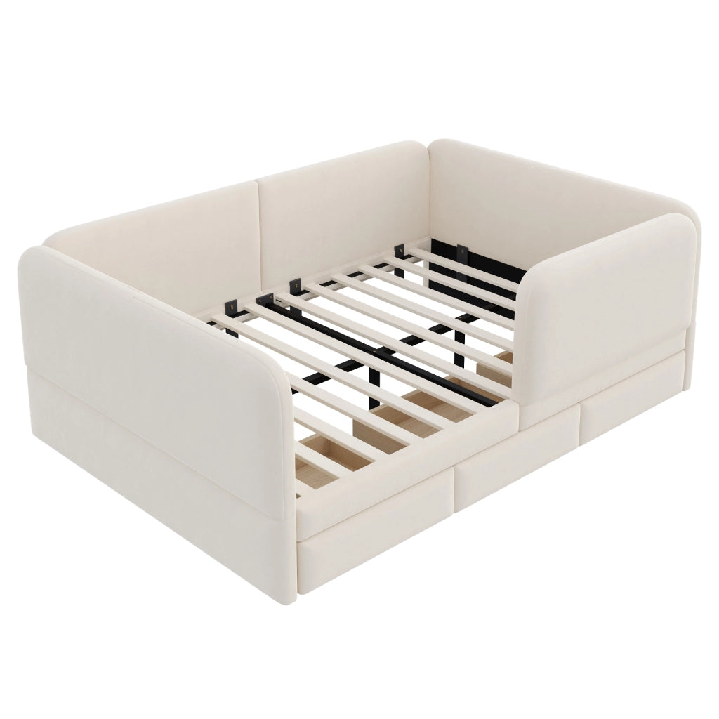 Letto per bambini 140 × 200 cm con 3 cassetti contenitore, sponde imbottite e angoli arrotondati, senza materasso, beige